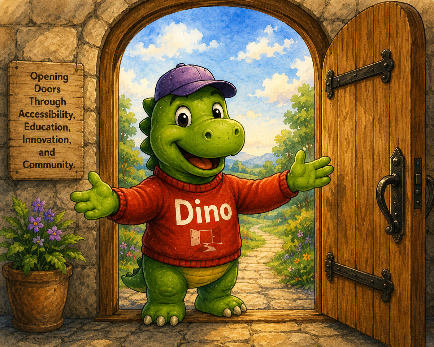 Dino stands in an open doorway, inviting visitors to begin their journey.